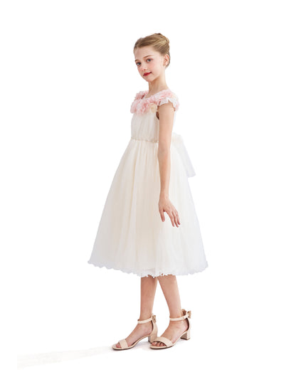 kids atelier tulleen White Silvera Dress with Pink Petal Trim