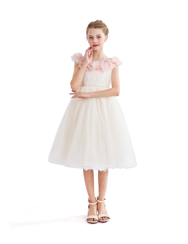 kids atelier tulleen White Silvera Dress with Pink Petal Trim