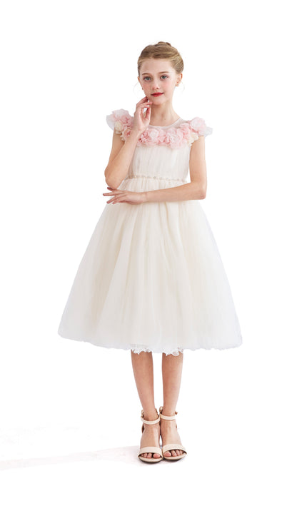kids atelier tulleen White Silvera Dress with Pink Petal Trim
