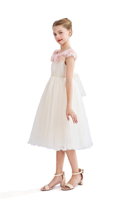 kids atelier tulleen White Silvera Dress with Pink Petal Trim