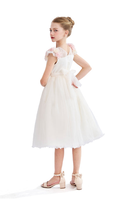 kids atelier tulleen White Silvera Dress with Pink Petal Trim