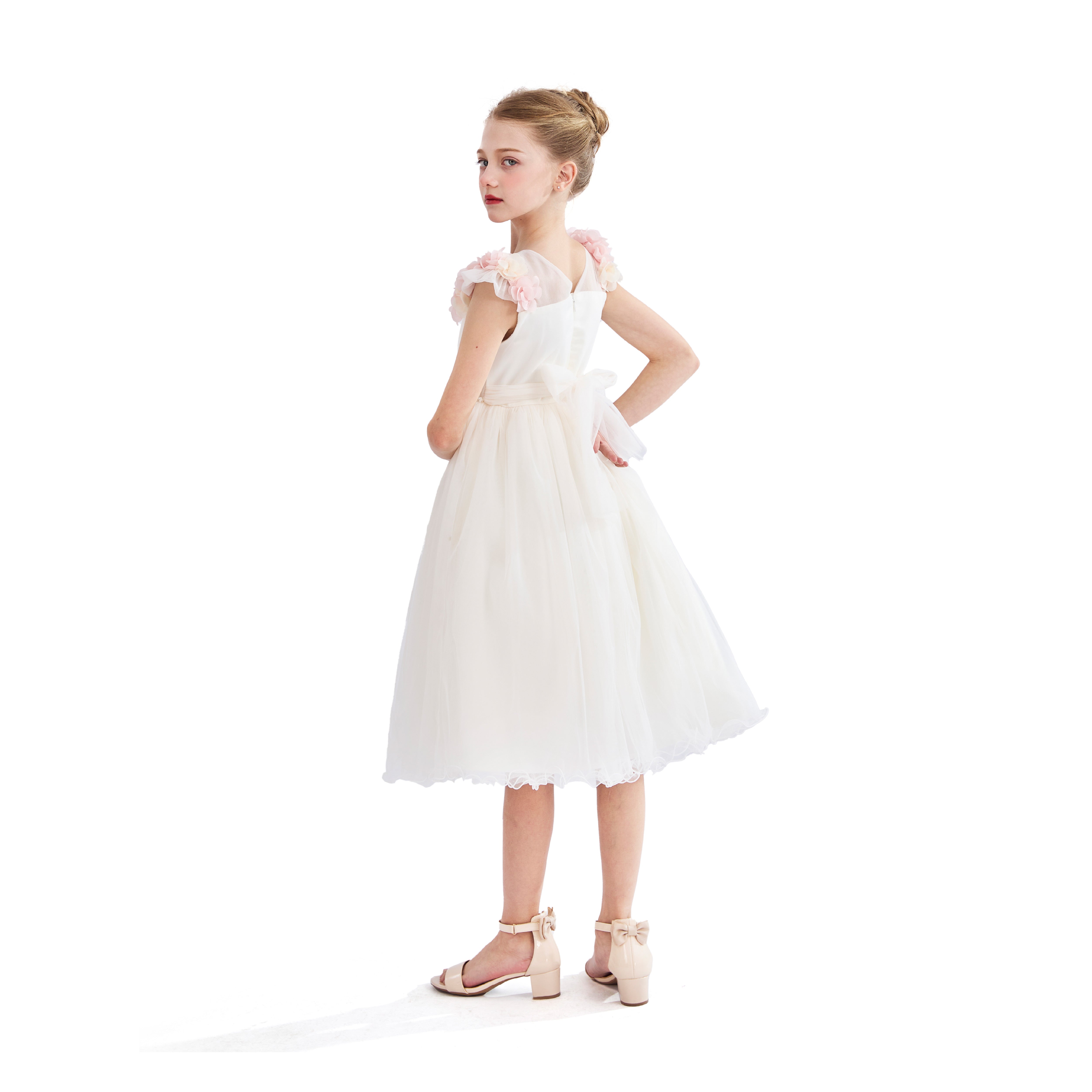 White Silvera Dress with Pink Petal Trim 6Y / White