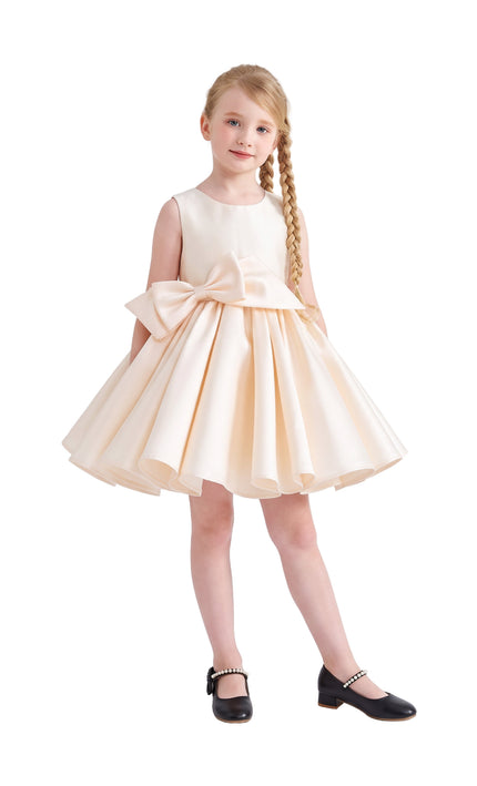 kids atelier tulleen Champagne Sabina Satin Flared Dress with Side Bow