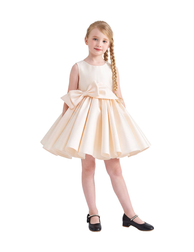 kids atelier tulleen Champagne Sabina Satin Flared Dress with Side Bow