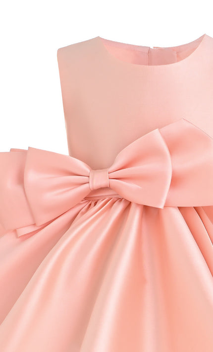 kids atelier tulleen Peach Sabina Satin Flared Dress with Side Bow