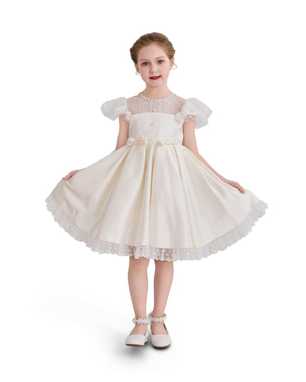 tulleen Ivory Riverelle Lace-Trim Puff Sleeve Dress