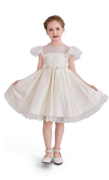 tulleen Ivory Riverelle Lace-Trim Puff Sleeve Dress