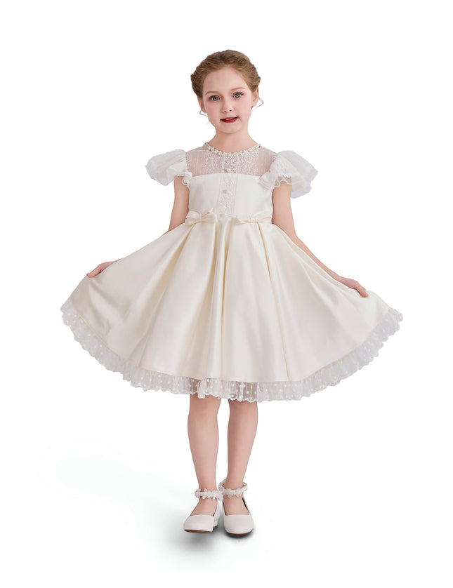 tulleen Ivory Riverelle Lace-Trim Puff Sleeve Dress