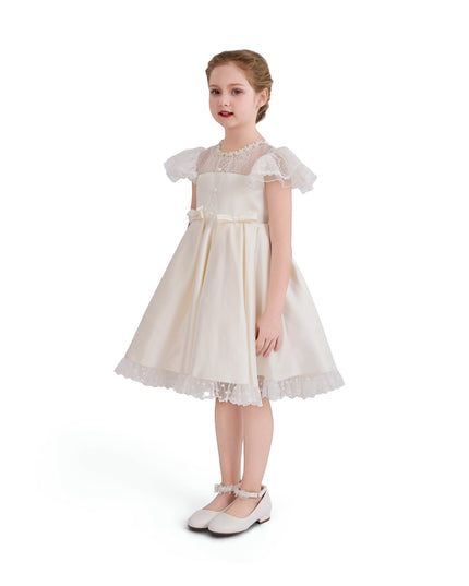 tulleen Ivory Riverelle Lace-Trim Puff Sleeve Dress