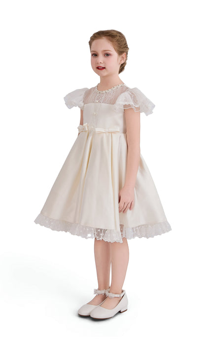 tulleen Ivory Riverelle Lace-Trim Puff Sleeve Dress