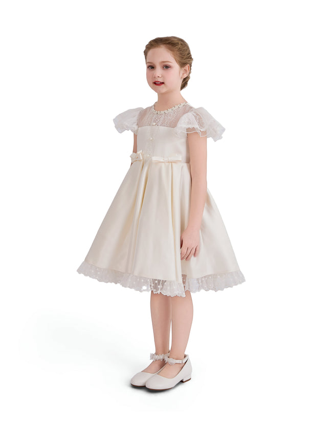 tulleen Ivory Riverelle Lace-Trim Puff Sleeve Dress