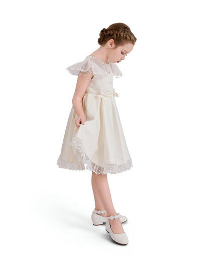tulleen Ivory Riverelle Lace-Trim Puff Sleeve Dress