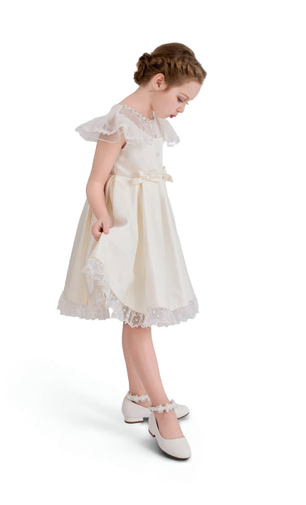 tulleen Ivory Riverelle Lace-Trim Puff Sleeve Dress