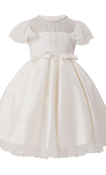 tulleen Ivory Riverelle Lace-Trim Puff Sleeve Dress