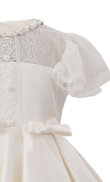 tulleen Ivory Riverelle Lace-Trim Puff Sleeve Dress