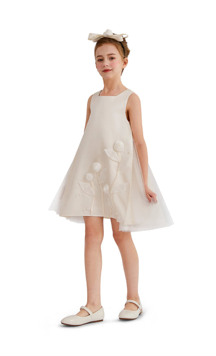 kids atelier tulleen White Valmonta Satin Dress with Floral Accents