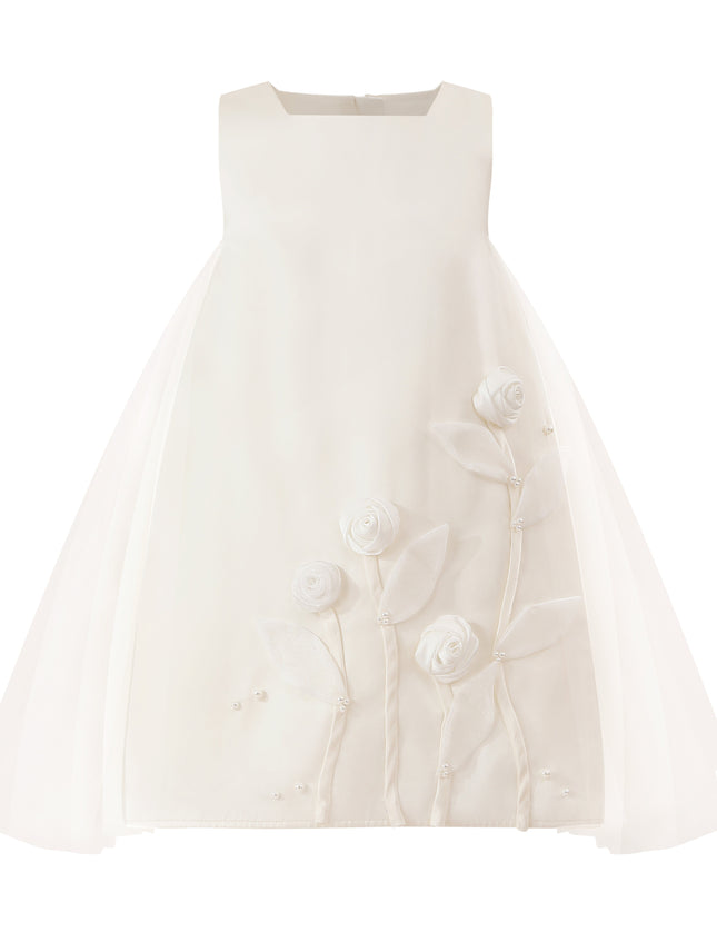 kids atelier tulleen White Valmonta Satin Dress with Floral Accents