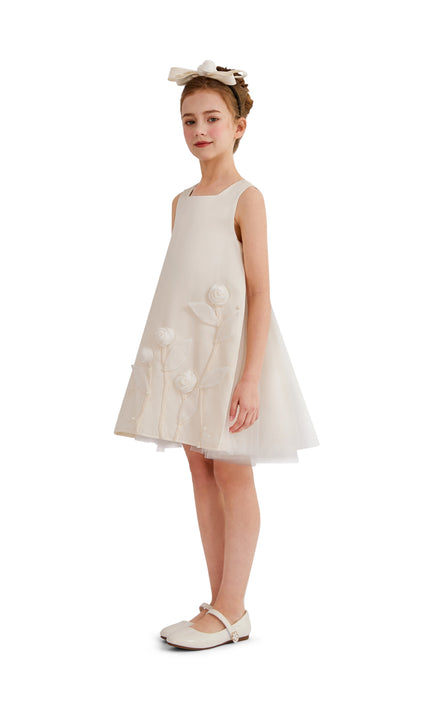 kids atelier tulleen White Valmonta Satin Dress with Floral Accents