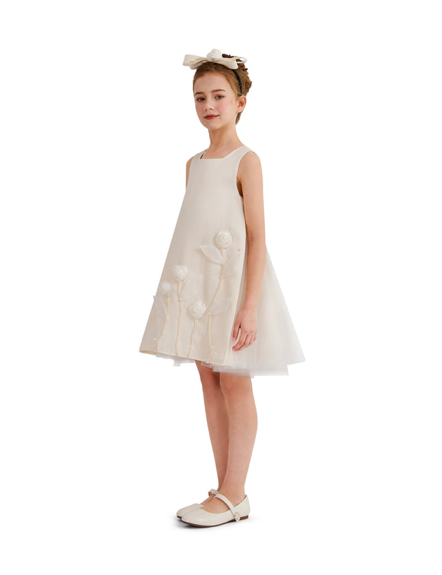 kids atelier tulleen White Valmonta Satin Dress with Floral Accents