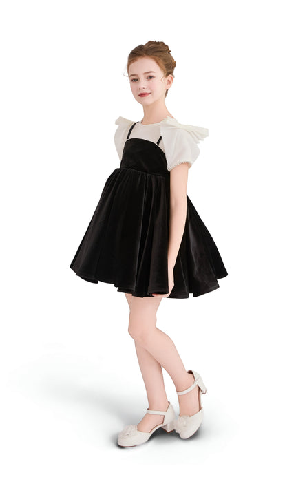 kids atelier tulleen Black & White Velvet Bow Dress