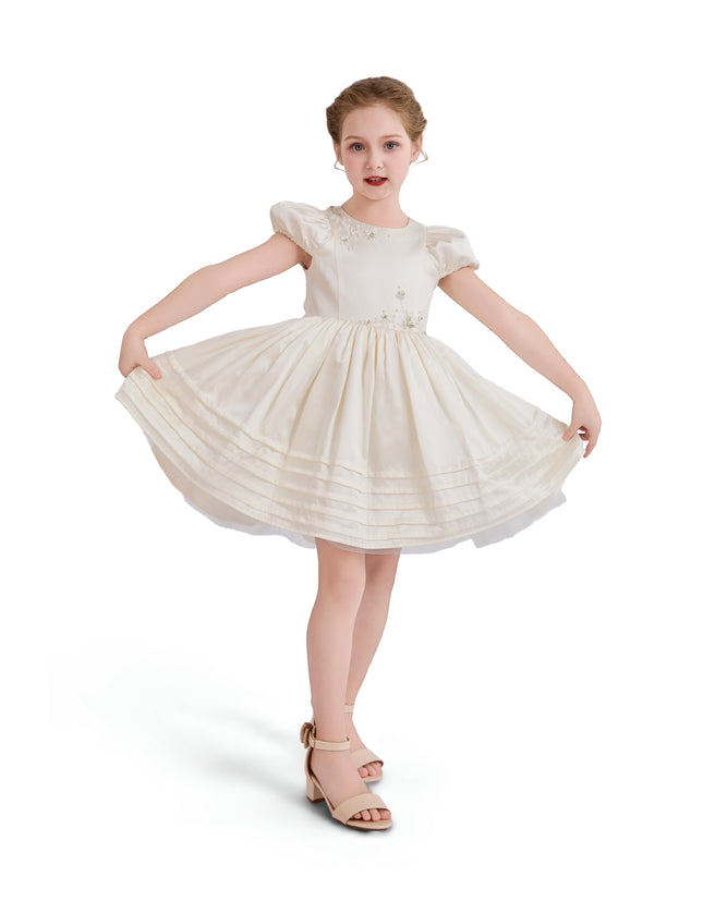kids atelier tulleen Ivory Vistaine Floral-Embroidered Pleated Dress