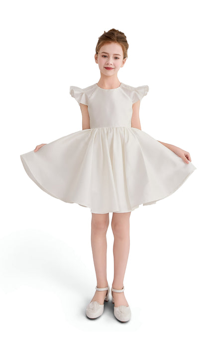 tulleen White Maravelle Satin Flutter-Sleeve Dress