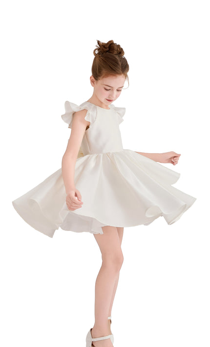 tulleen White Maravelle Satin Flutter-Sleeve Dress