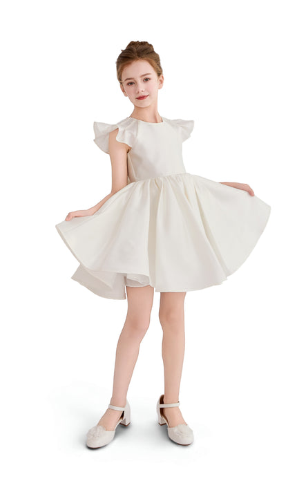tulleen White Maravelle Satin Flutter-Sleeve Dress