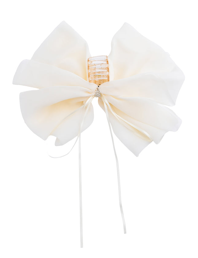 kids atelier tulleen Ivory Chiffon Bow Claw Clip with Rhinestone Center