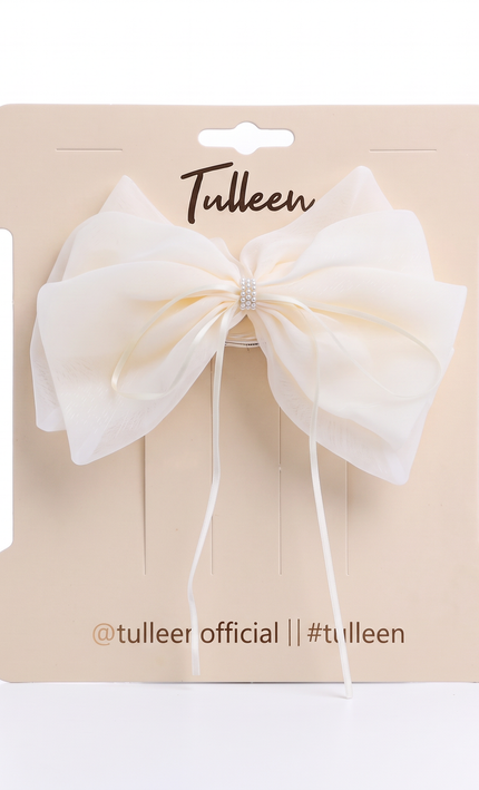 kids atelier tulleen Ivory Chiffon Bow Claw Clip with Rhinestone Center