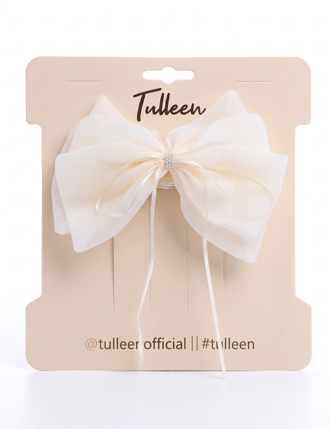 kids atelier tulleen Ivory Chiffon Bow Claw Clip with Rhinestone Center