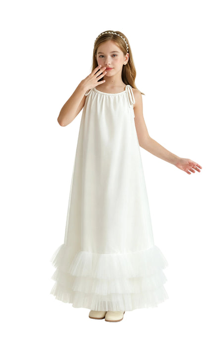 kids atelier tulleen White Kendra Ruffle Hem Tie-Strap Dress
