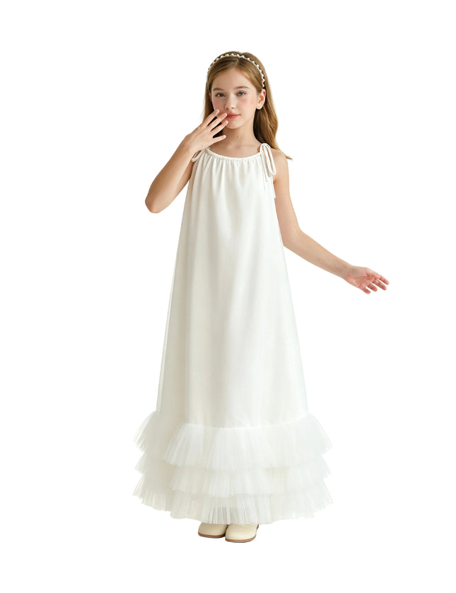 kids atelier tulleen White Kendra Ruffle Hem Tie-Strap Dress