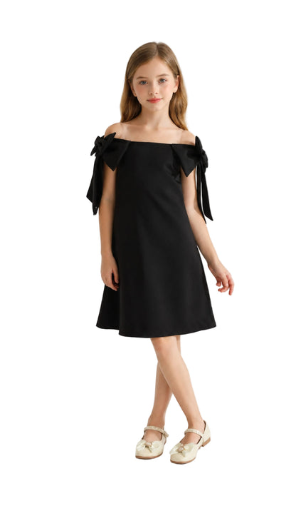 kids atelier tulleen Black Luneta Off-Shoulder Bow Dress