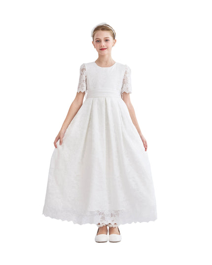 tulleen White Belciana Short Sleeve Lace Dress