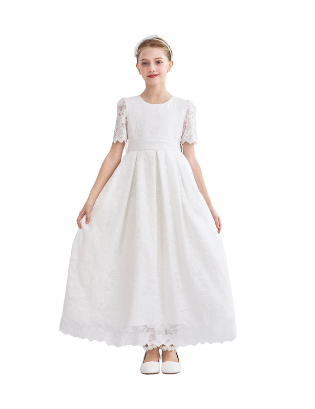 tulleen White Belciana Short Sleeve Lace Dress