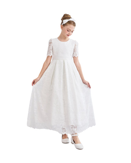 tulleen White Belciana Short Sleeve Lace Dress