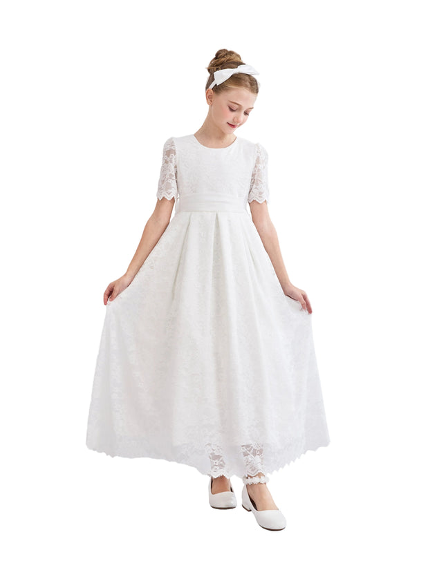 tulleen White Belciana Short Sleeve Lace Dress