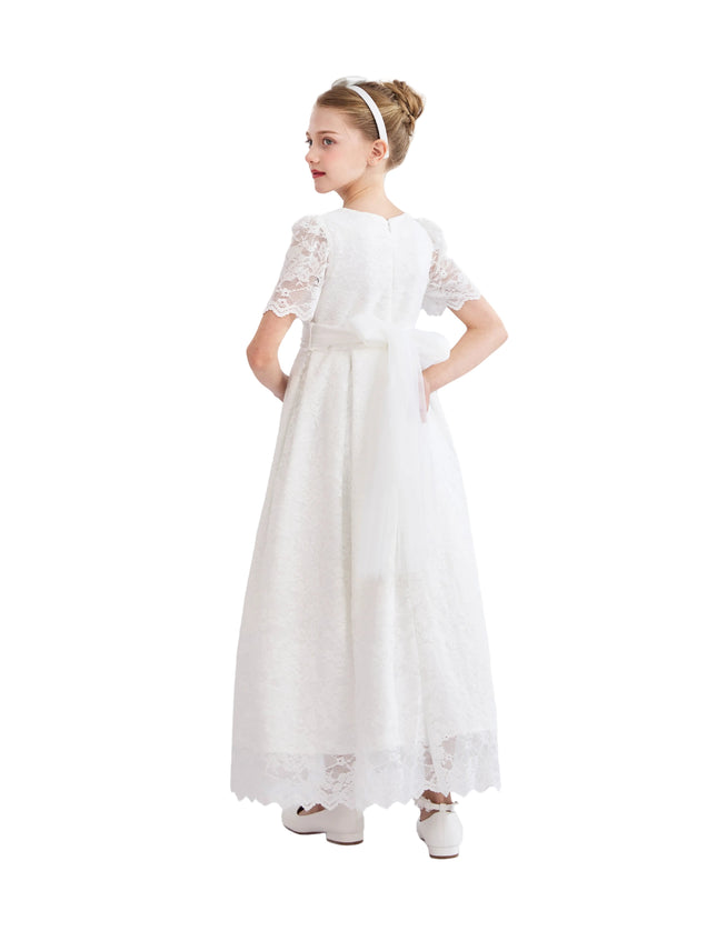 tulleen White Belciana Short Sleeve Lace Dress