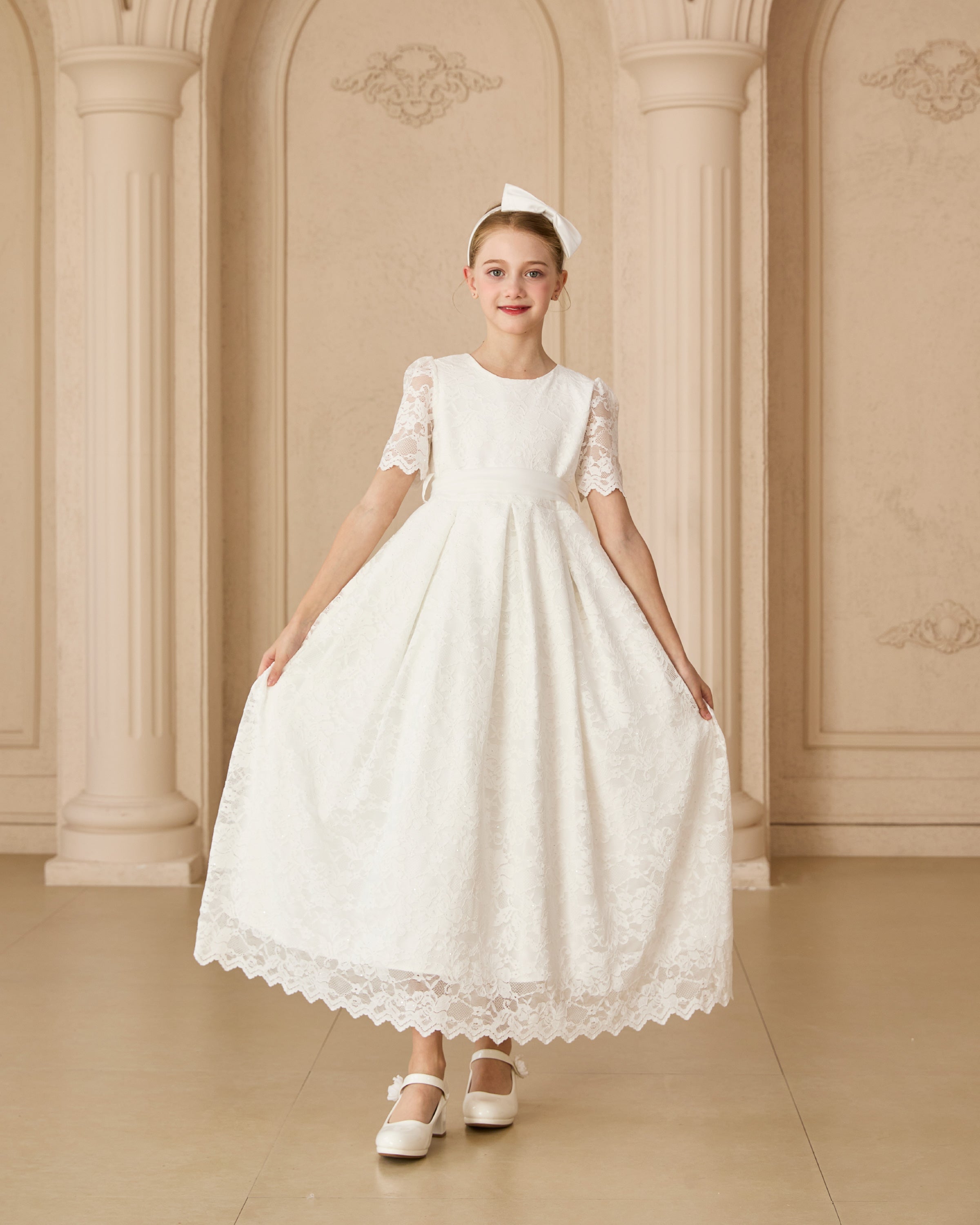 White Belciana Short Sleeve Lace Dress 11Y-12Y / White