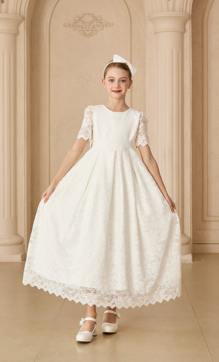 tulleen White Belciana Short Sleeve Lace Dress