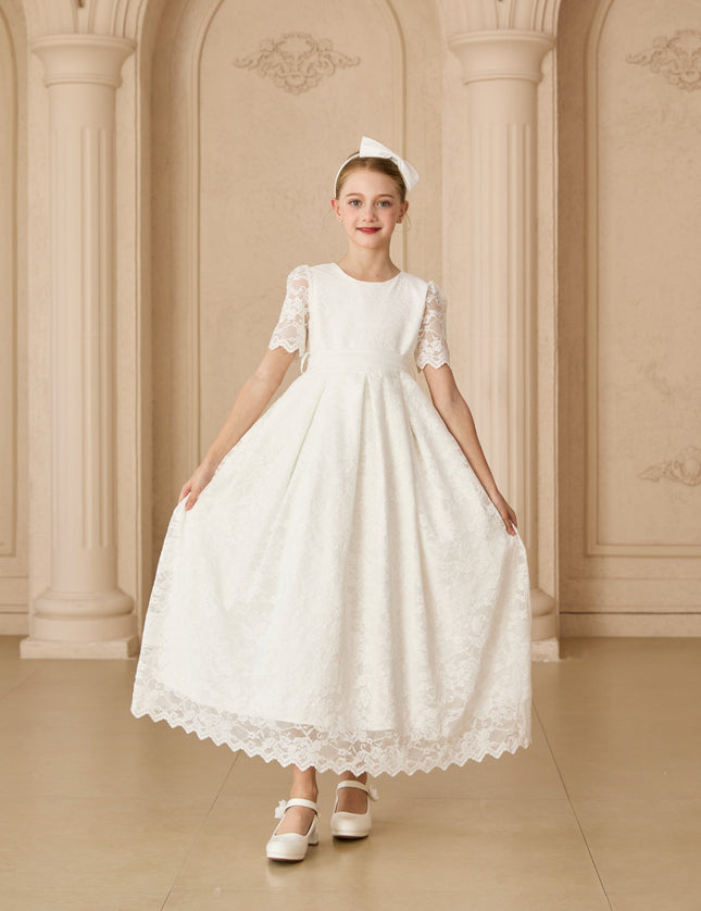 tulleen White Belciana Short Sleeve Lace Dress