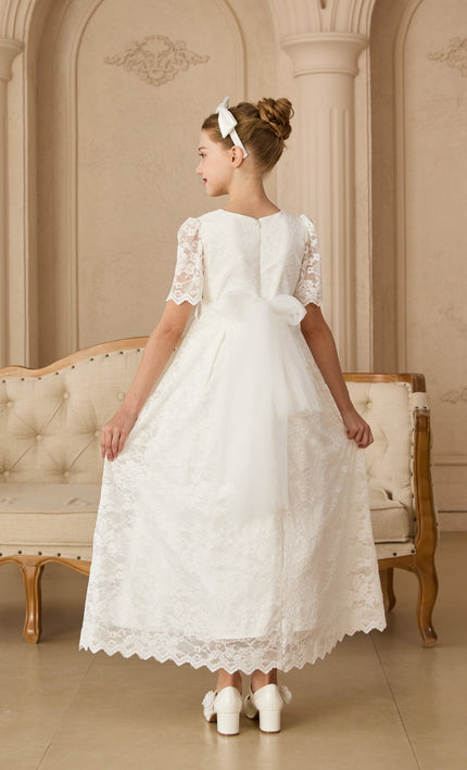 tulleen White Belciana Short Sleeve Lace Dress