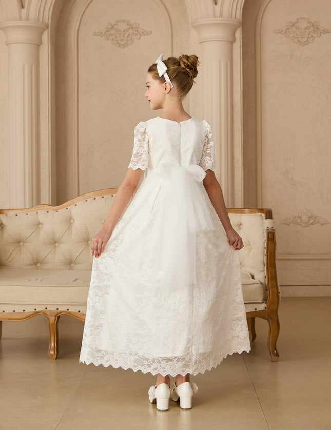 tulleen White Belciana Short Sleeve Lace Dress