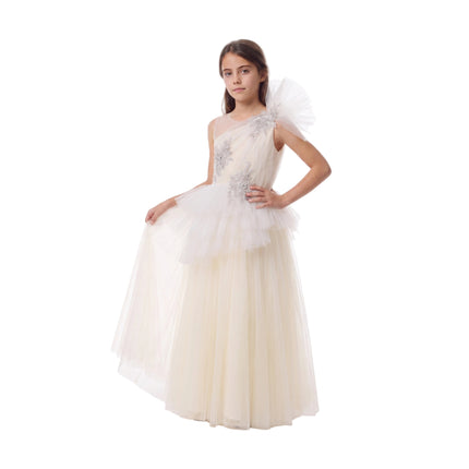 kids atelier tulleen Cream Mirabelle One-Shoulder Embellished Gown