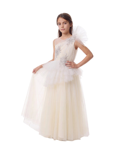 kids atelier tulleen Cream Mirabelle One-Shoulder Embellished Gown