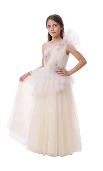 kids atelier tulleen Cream Mirabelle One-Shoulder Embellished Gown