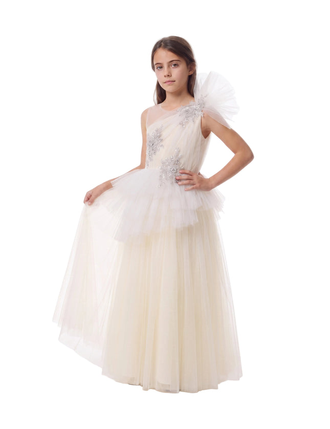 kids atelier tulleen Cream Mirabelle One-Shoulder Embellished Gown
