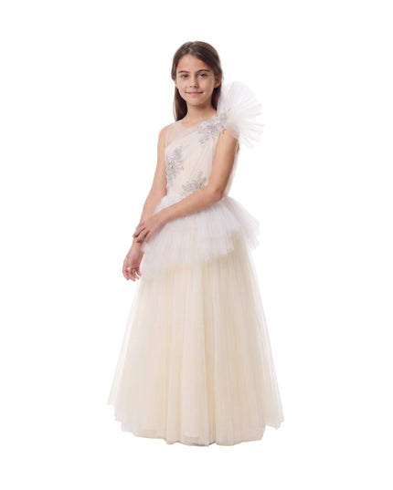 kids atelier tulleen Cream Mirabelle One-Shoulder Embellished Gown