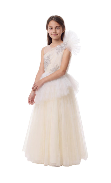 kids atelier tulleen Cream Mirabelle One-Shoulder Embellished Gown